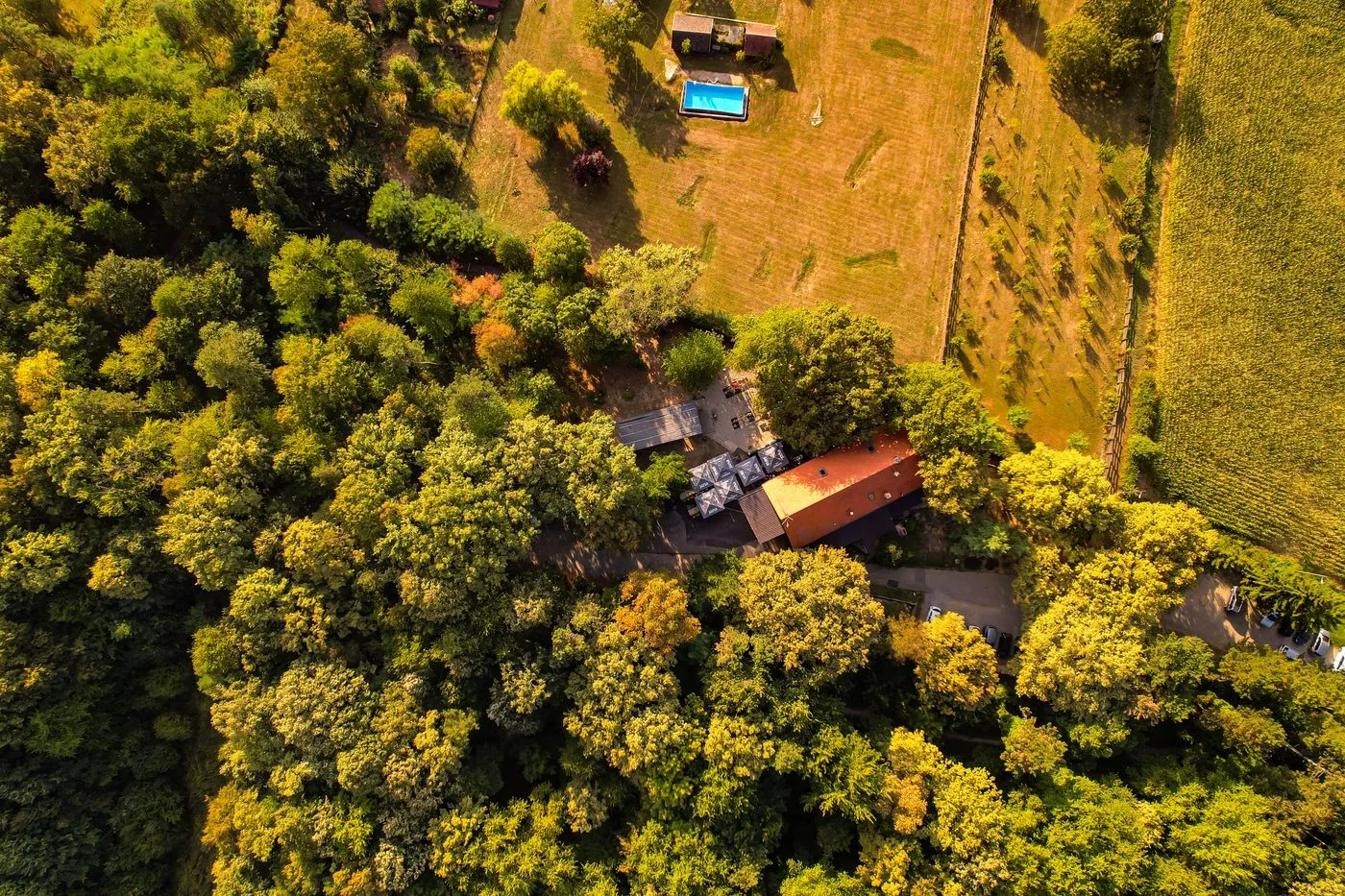 Aerial view of a rural property with cleared ground and mature tree cover